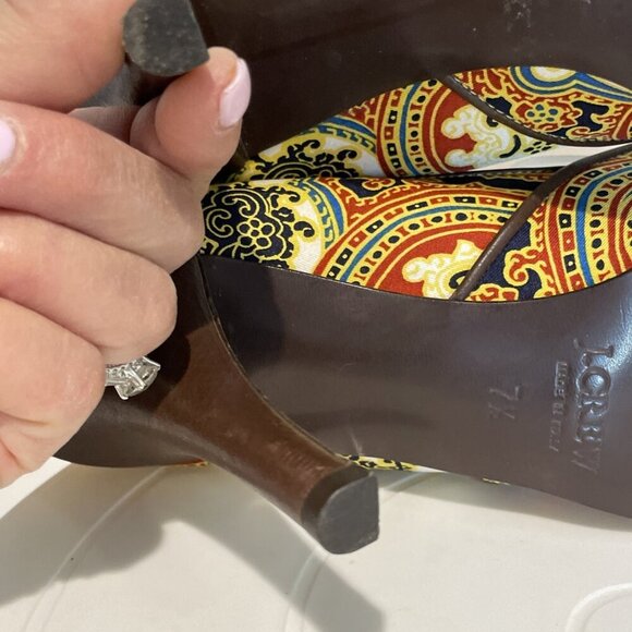 J. CREW Open Toe Heels Shoes Women's 7.5M Colorful Paisley Chain Front Italy - Picture 10 of 11